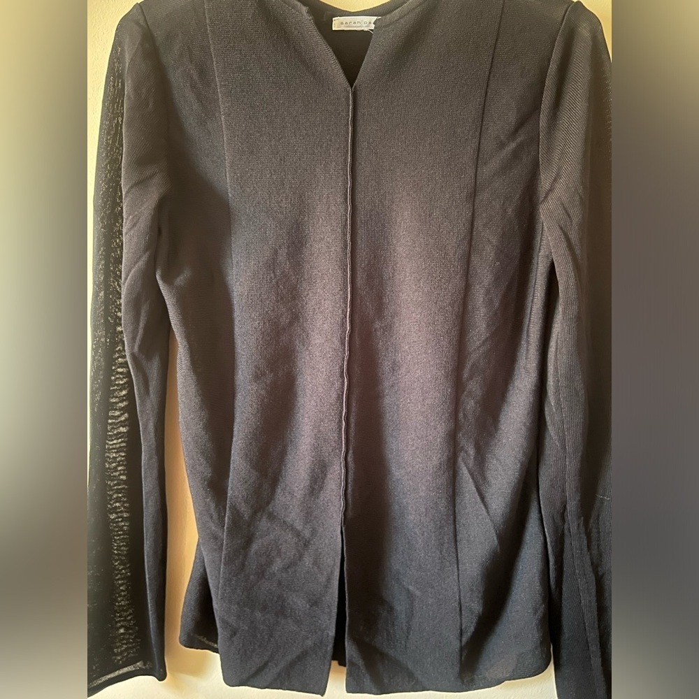 Sarah Pacini slit front back Black sheer top sexy eccentric sleek textured m